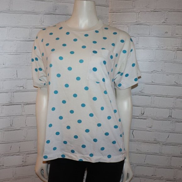 🔵🤍✨ Retro Polka Dot Tee · White & Blue · Size M · Lindsey Blake - Picture 1 of 5